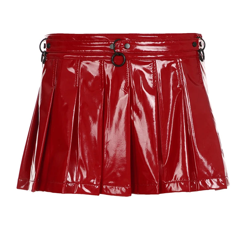Falda de cuero punk sexy gótica navideña para mujer, nueva minifalda lisa con diseño de metal Gyaru, estilo chic oscuro, con personalidad, ropa de calle