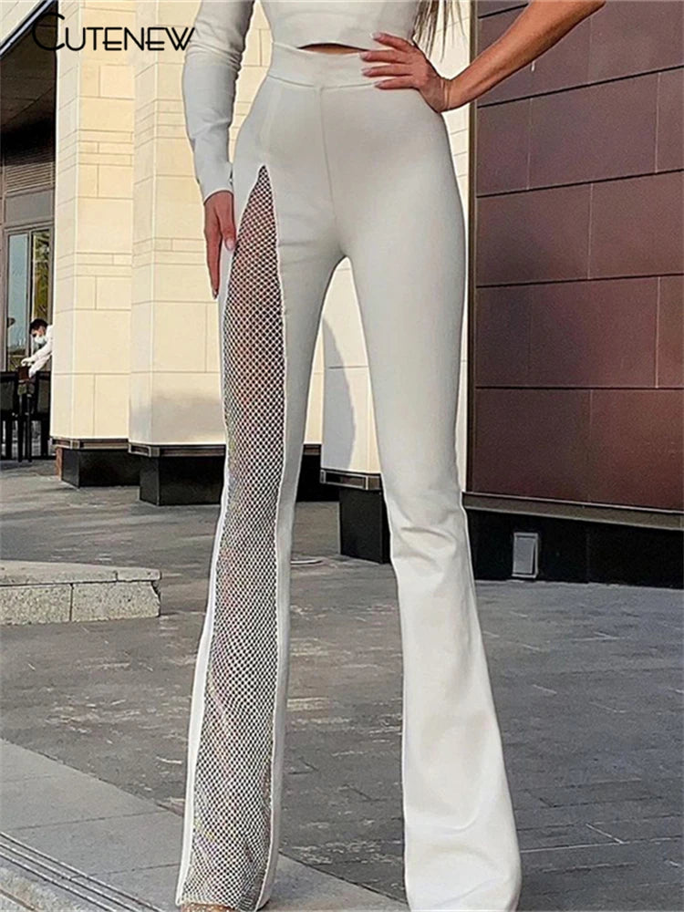 Mono sexy de malla con retazos de un solo hombro para mujer, elegante, liso, ajustado, con pantalones acampanados, mono de moda para fiesta, ropa de calle