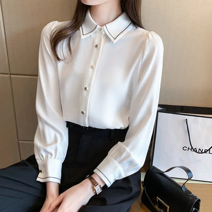 Blusas de estilo primavera-otoño para mujer, informales, de manga larga, con cuello vuelto, de color liso, DF4959