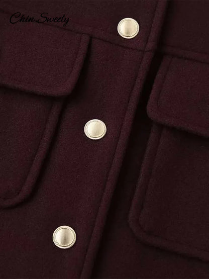 Chaqueta de lana color burdeos para mujer, cuello alto, botonadura sencilla, bolsillo, abrigo corto grueso, ropa de otoño para el día a día, nueva