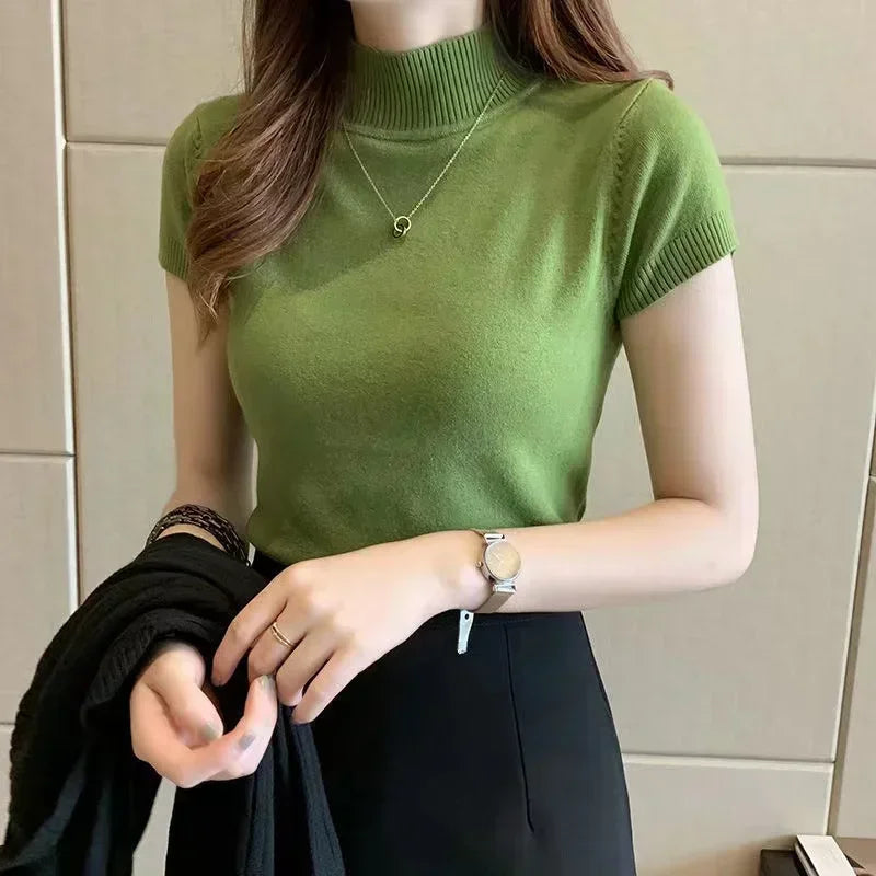 Blusas y tops de mujer Blusa de manga corta de verano para mujer Blusas de mujer de moda Blusa de punto de cuello alto Tops de camisa
