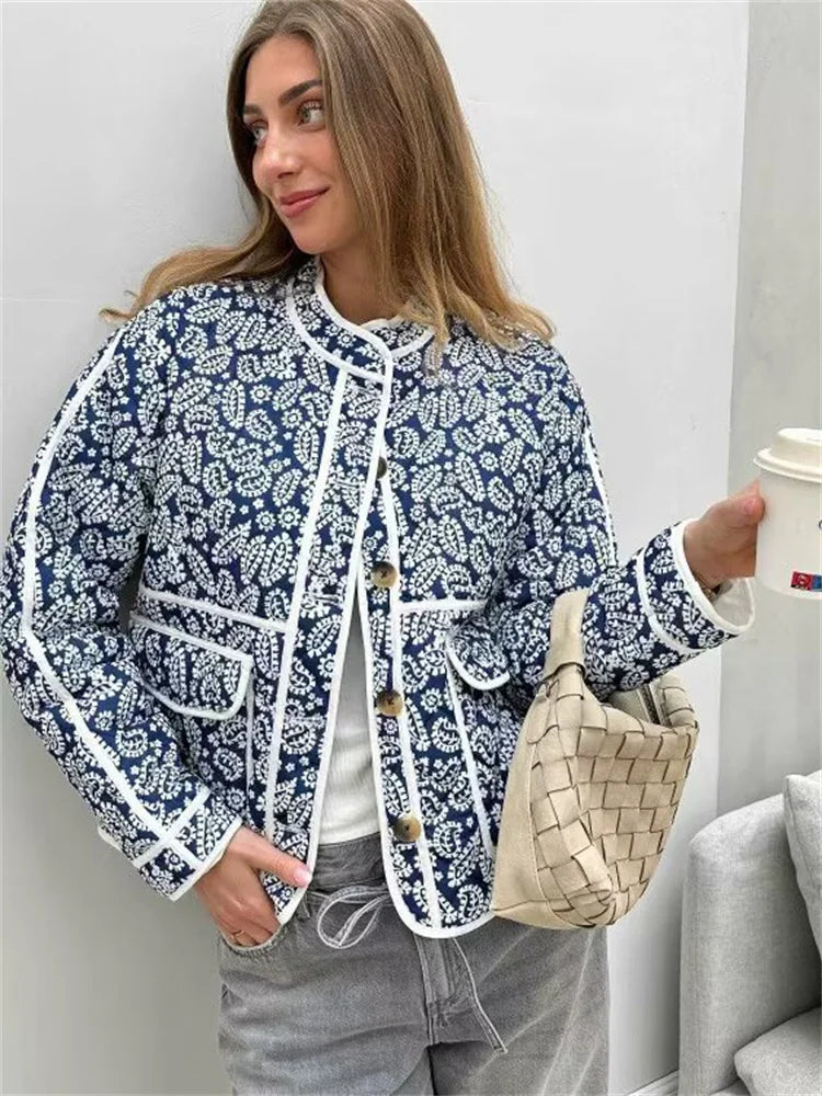 Chaquetas de retazos estampadas de moda para mujer, abrigo holgado de manga larga con contraste y bolsillo para otoño, cárdigan de calle para mujer