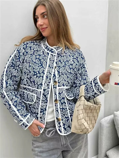 Chaquetas de retazos estampadas de moda para mujer, abrigo holgado de manga larga con contraste y bolsillo para otoño, cárdigan de calle para mujer