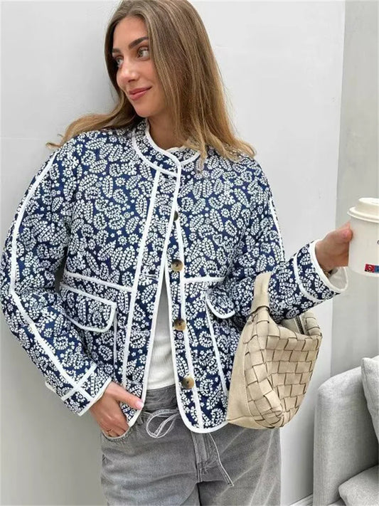 Chaquetas de retazos estampadas de moda para mujer, abrigo holgado de manga larga con contraste y bolsillo para otoño, cárdigan de calle para mujer