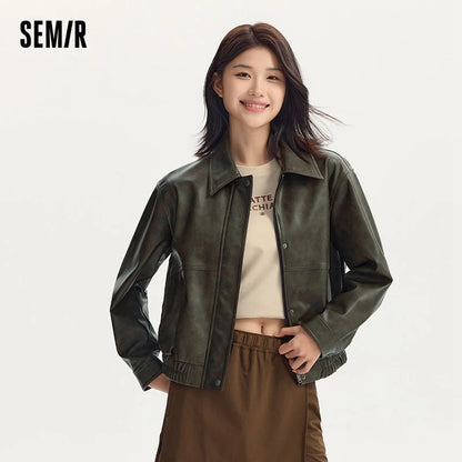 Abrigo para mujer, cuello holgado, estilo moderno, estilo urbano, otoño, nuevo, retro, texturizado, chaqueta de cuero PU.