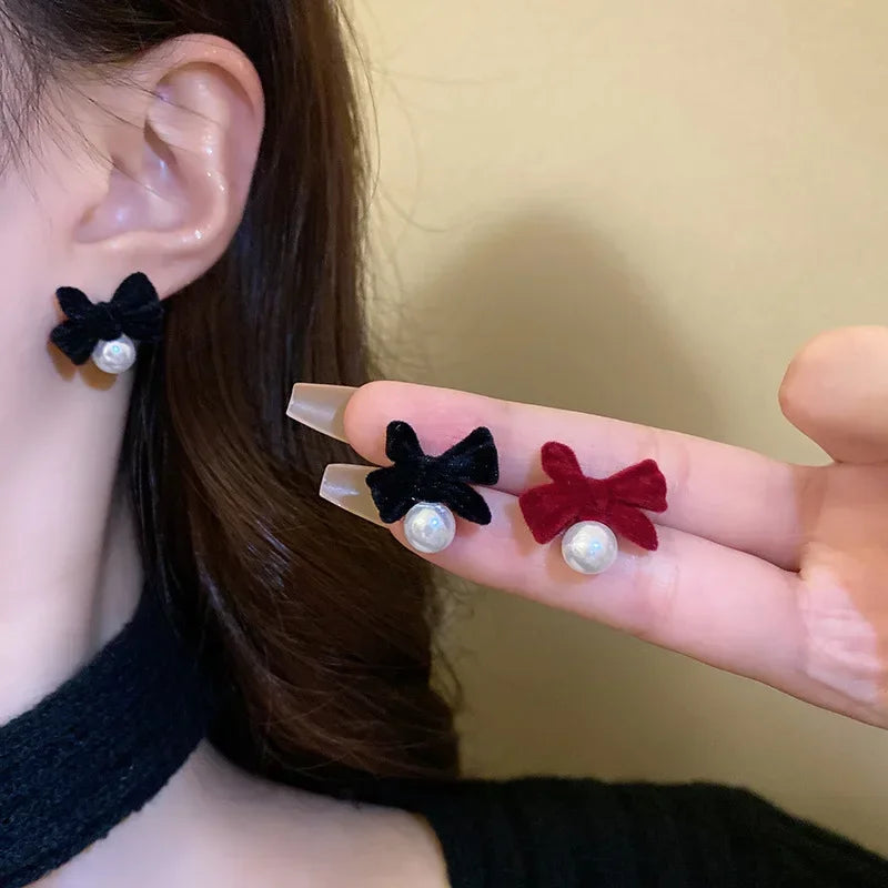 LIZAKOSHT Winter Pearl Bowknot Stud Earrings for Women Happy New Year Gift Jewelry
