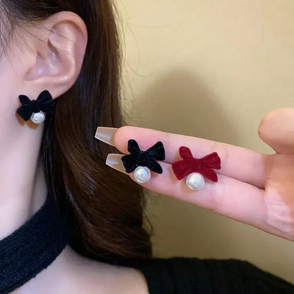 LIZAKOSHT Winter Pearl Bowknot Stud Earrings for Women Happy New Year Gift Jewelry
