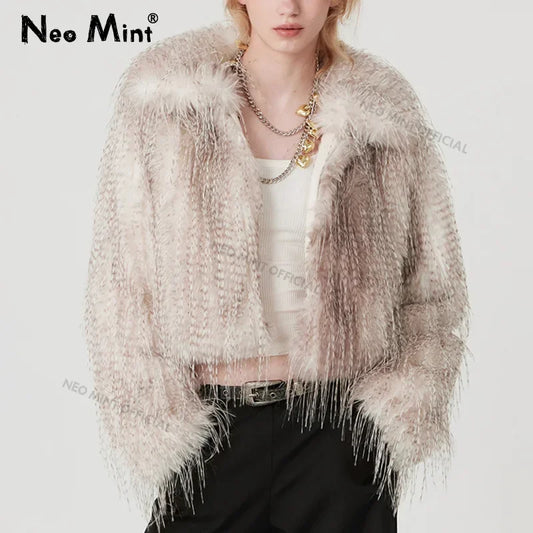 Abrigo de piel sintética de pavo real con degradado de invierno de diseñador exclusivo para mujer, chaquetas de piel con borlas peludas, prendas de abrigo elegantes Y3k para niñas.
