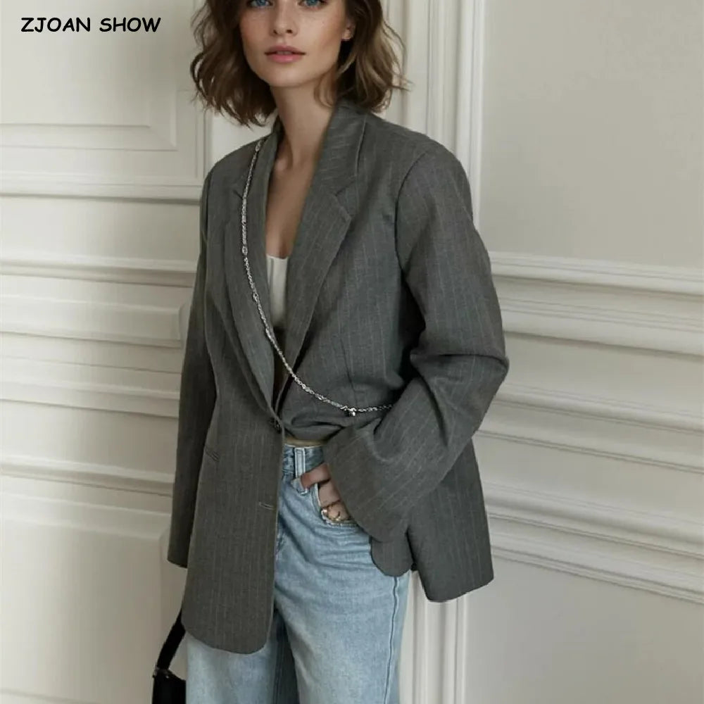 Blazer de rayas gris frío con puños acampanados extraíbles para mujer, estilo boyfriend vintage, con cuello entallado, holgado, a la moda, color negro