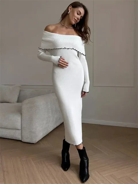 Vestido de punto ajustado con volantes para mujer, vestido de fiesta de otoño con escote palabra de honor, manga larga y contraste, vestido maxi de punto de moda