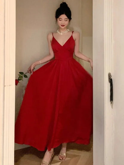 Vestido de fiesta de noche sexy con tirantes finos, escote en V, corte en A, liso, vintage, largo, para mujer, boda, graduación, bata de una pieza