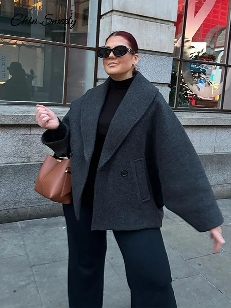 Retro Loose Woolen Blend Coat Women Lapel Double-Breasted Long Sleeve Pocket Thick Gray Jacket 2025 Autumn Spring Streetwear