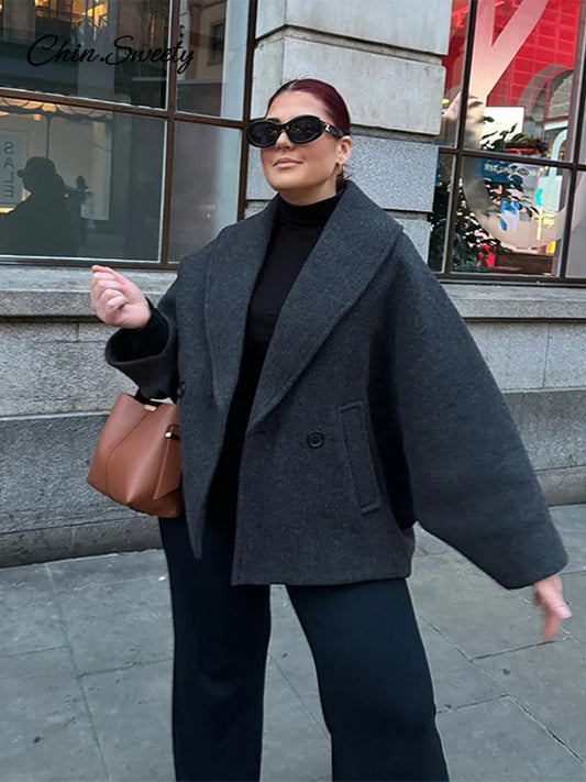 Retro Loose Woolen Blend Coat Women Lapel Double-Breasted Long Sleeve Pocket Thick Gray Jacket 2025 Autumn Spring Streetwear