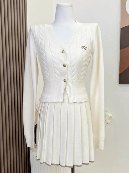 Autumn Knitted Two Piece Skirt Set Women Long Sleeve Single Breasted V-neck Top Mini Pleated Skirt Korean Chic Female Outfit New