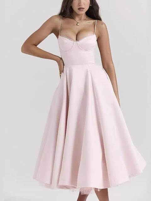 Elegante vestido midi sexy de corte A con espalda descubierta para mujer, vestido de moda con tirantes finos, sin mangas, suelto, para fiesta en club, nuevo