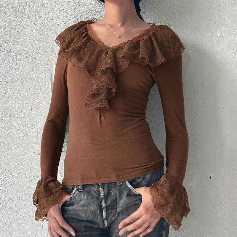 Camiseta marrón con cuello con volantes de encaje vintage Y2K, top ajustado de manga larga, elegante y con estilo de los años 2000, ropa de calle de otoño