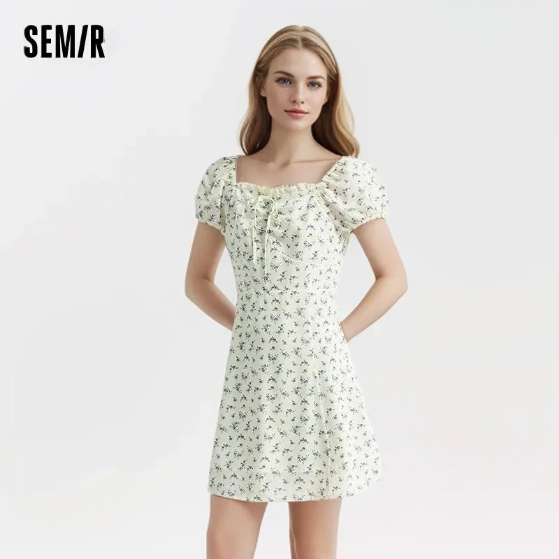 Vestido de mujer con mangas abullonadas y estampado floral de gasa Mori, nuevo vestido de verano con escote cuadrado y cintura corta, divertido