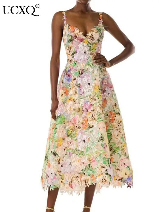 Elegante vestido largo con estampado Hotsweet, cuello halter, flores 3D, ahuecado, camisola de moda para mujer, primavera-verano 2025, 959