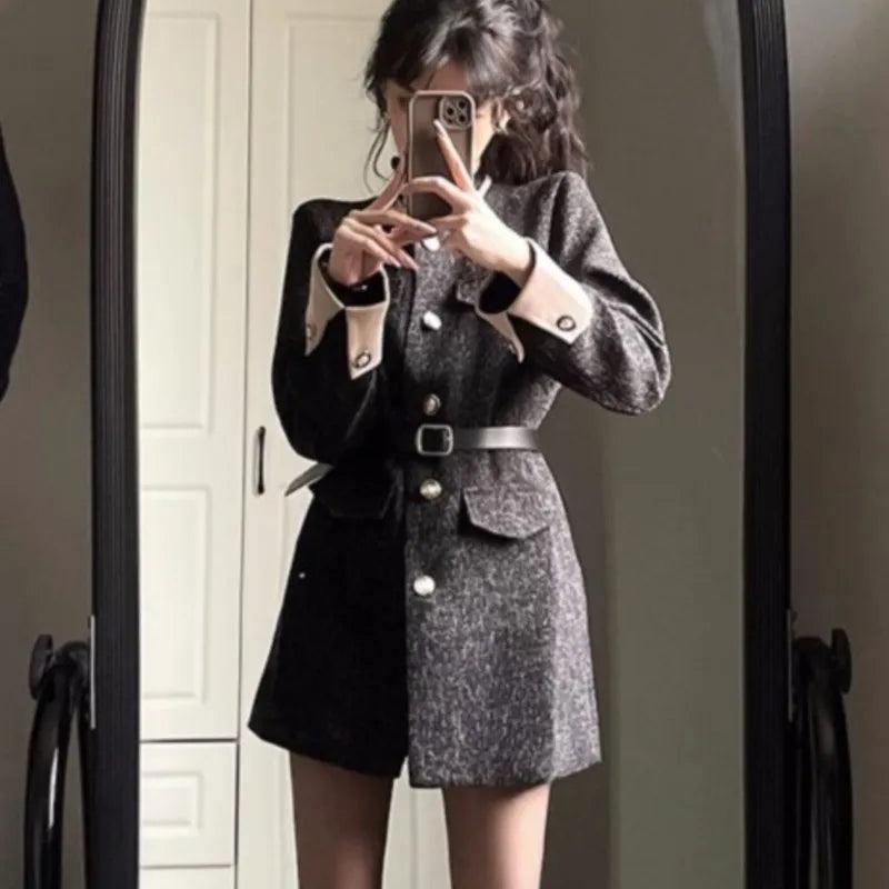Autumn Winter Mini Dresses for Women with Belt Turn-down Collar Patchwork O-neck Korean Fashion Blazer Dress Casual Vestidos
