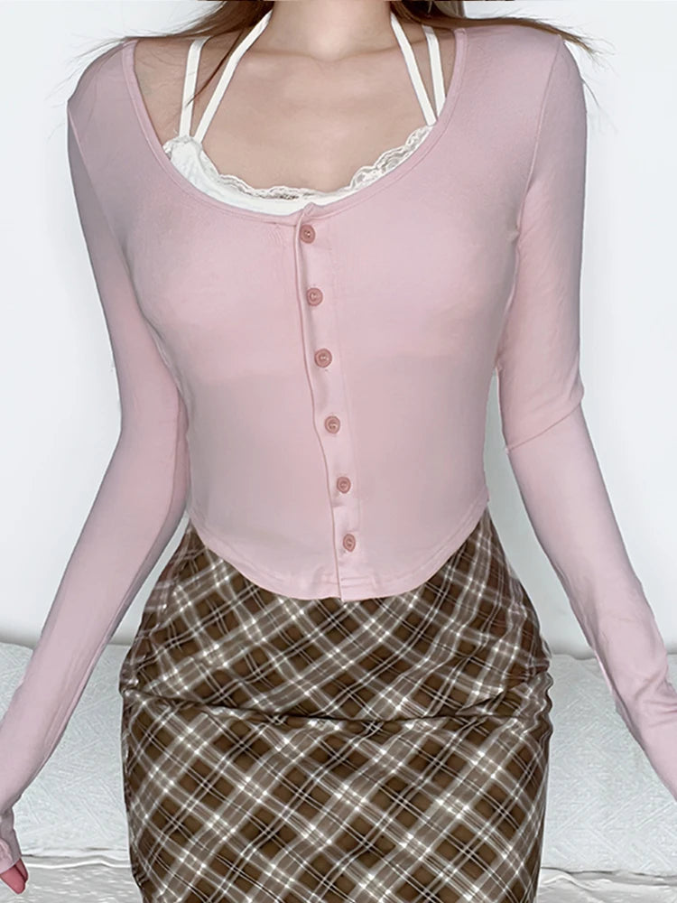 Camiseta corta de manga larga Y2K rosa con botones y encaje en contraste para mujer, estilo balletcore kawaii