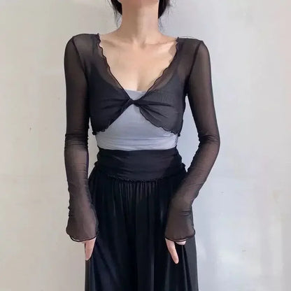 Cárdigans elegantes y sexys de moda para mujer, de color liso, transparentes, de manga larga, de malla, estilo vintage, con cordones, estilo urbano, cárdigans cortos.