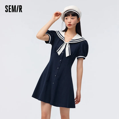 Vestido de verano para mujer, con mangas abullonadas, dulce, nuevo, con temperamento en contraste, cuello azul marino, vestido de primer amor, estilo academia.