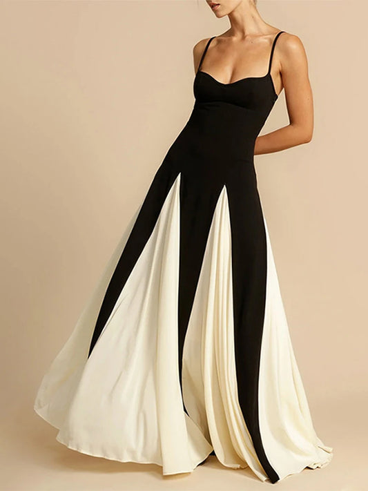 Fashion Patchwork Strap Maxi Dress Women Sexy Sleeveless Backless Female Sling Dresses  Summer New Party Lady Robe