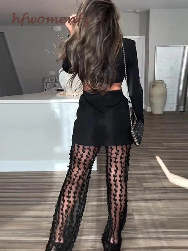Sexy Blazer Pants Sets Women Single-breasted Blazer Cut Waist Coats Pearls Mesh Sheer Trousers Suits Y2K Clothes Matching Sets