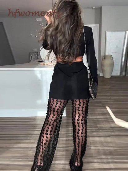 Sexy Blazer Pants Sets Women Single-breasted Blazer Cut Waist Coats Pearls Mesh Sheer Trousers Suits Y2K Clothes Matching Sets