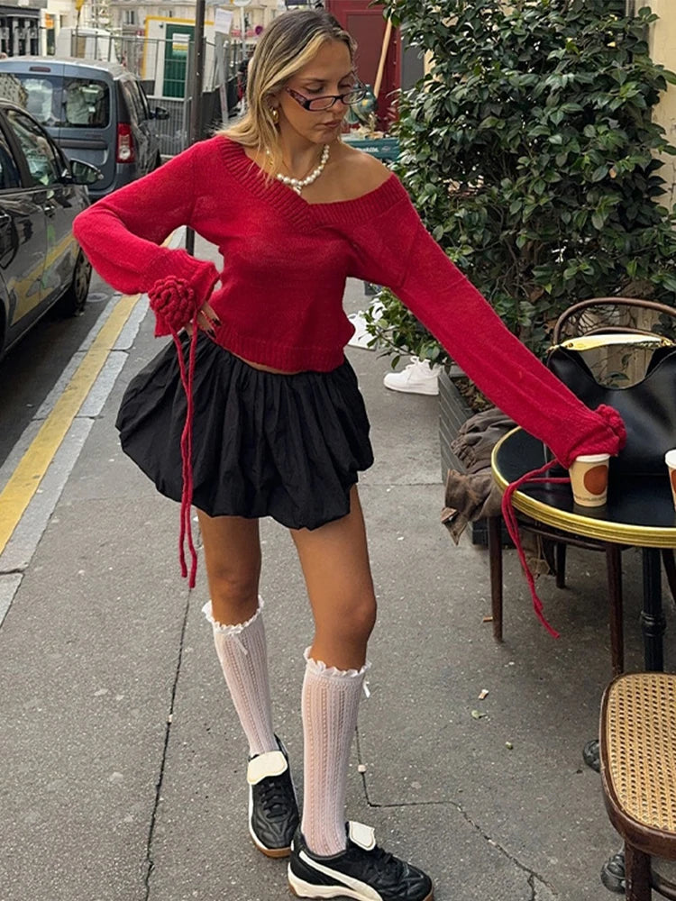 Elegante suéter rojo de punto con cuello en V para mujer, suéter vintage con flores 3D y cordón de manga larga, prenda de punto urbana elegante para Navidad.
