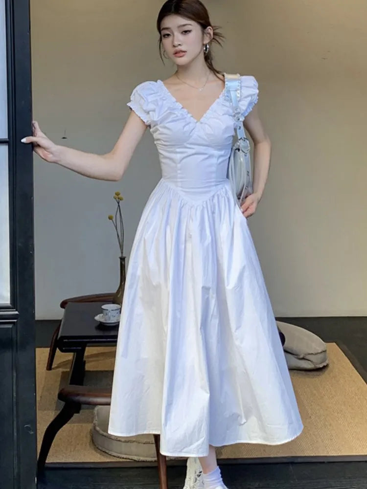 Vestidos midi casuales sólidos para mujer, estilo coreano elegante, con escote en V, espalda descubierta, cintura alta, mangas abullonadas, vestido de fiesta de verano, vestidos para mujer