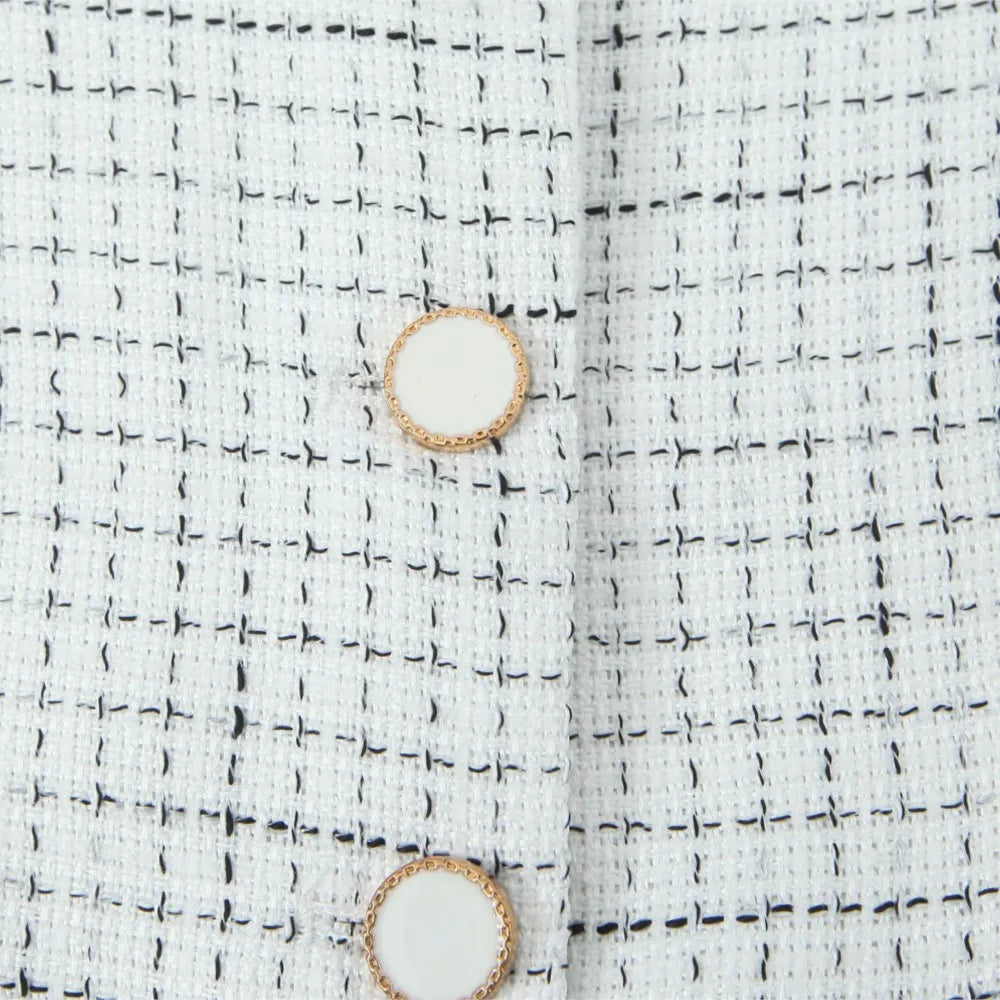 Blazer de tweed tejido a cuadros con cuello en V retro estilo francés + minifalda corta de cintura alta, conjunto de 2 piezas, negro y blanco