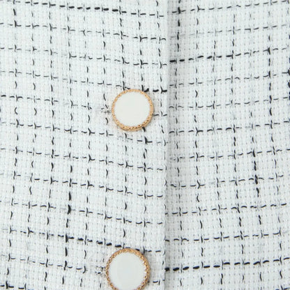 Blazer de tweed tejido a cuadros con cuello en V retro estilo francés + minifalda corta de cintura alta, conjunto de 2 piezas, negro y blanco