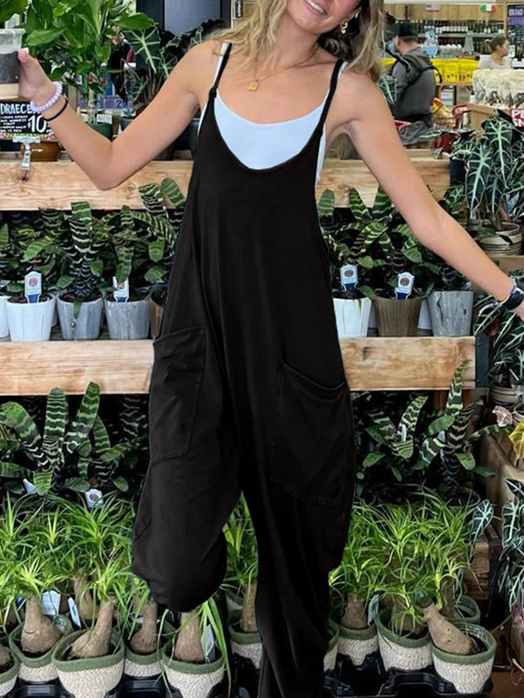 Monos de mujer con tirantes y bolsillos holgados estilo hippie, estilo informal, ropa de calle