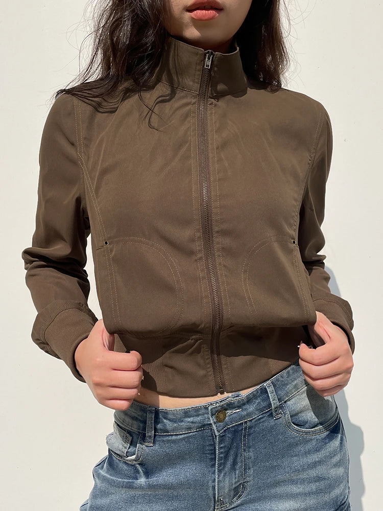 Chaquetas cargo marrones con cremallera, cuello alto, bolsillos, manga larga, estilo vintage informal para mujer