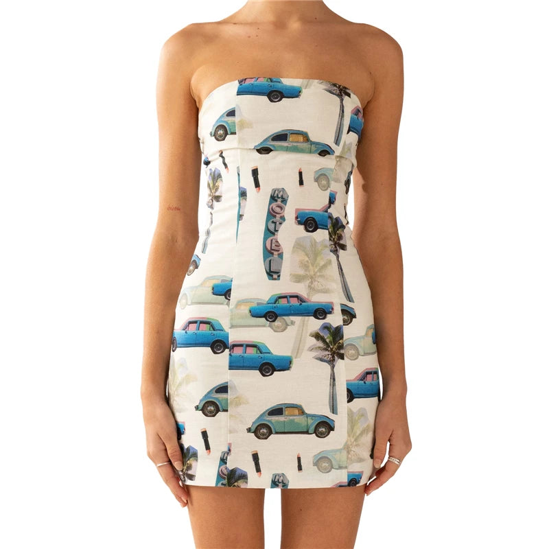 Vestido estético Y2K para mujer, con estampado floral, hombros descubiertos, sin tirantes, sin mangas, minivestido para salir, fiesta, clubwear