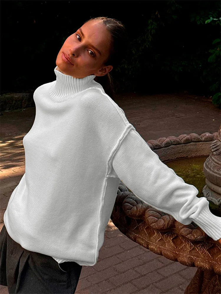 Suéter de cuello alto de punto de invierno para mujer, ropa holgada informal con retazos acanalados, suéter de manga larga de gran tamaño, prendas de punto para mujer