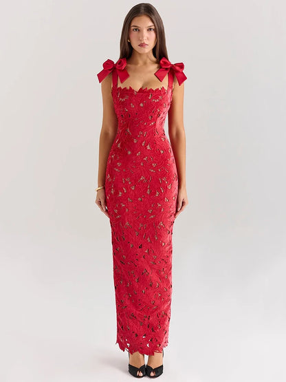Vestido largo sexy de encaje con lazos para mujer, a la moda, sin mangas, con espalda descubierta, ajustado, para fiesta de cumpleaños de Año Nuevo y club.