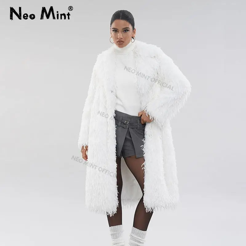 Abrigo de piel ecológica con plumas de High Street para mujer, chaqueta de piel sintética de zorro con solapa de invierno, abrigo largo y esponjoso liso para mujer