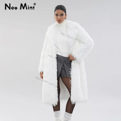 Abrigo de piel ecológica con plumas de High Street para mujer, chaqueta de piel sintética de zorro con solapa de invierno, abrigo largo y esponjoso liso para mujer