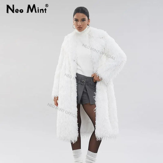 Abrigo de piel ecológica con plumas de High Street para mujer, chaqueta de piel sintética de zorro con solapa de invierno, abrigo largo y esponjoso liso para mujer