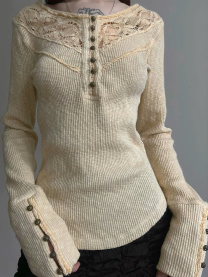 Camisetas básicas de punto con encaje y botones elegantes y retro para mujer, de manga larga, exquisitas y ajustadas, para otoño.