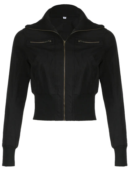 Chaqueta bomber de manga larga ajustada con cuello alto y cremallera negra de estilo callejero coreano para mujer, nueva moda de otoño, prendas de vestir góticas