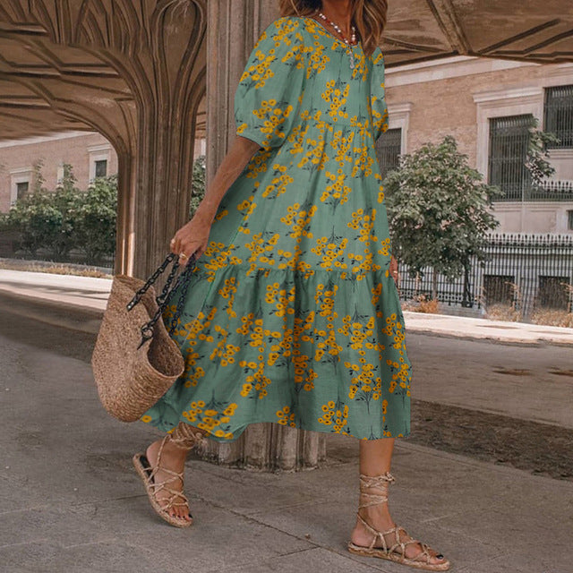 Vestido estampado de verano 2025 para mujer, manga corta abullonada, volantes, holgado, corte A, midi, informal, para playa y vacaciones