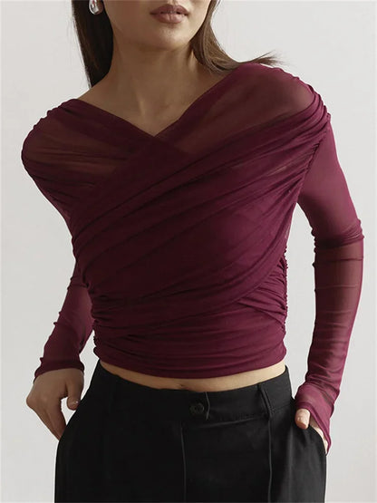 Camiseta de malla con cuello en V y retazos para mujer, top liso de manga larga, estilo Y2k, top sexy para mujer para otoño