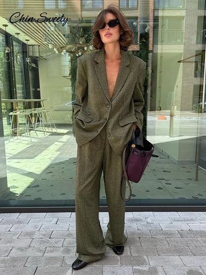 Conjunto elegante de abrigo y pantalón para mujer, moda de solapa, manga larga, blazer de un solo pecho, pantalones de pierna ancha, conjunto de 2 piezas para mujer, conjuntos holgados.