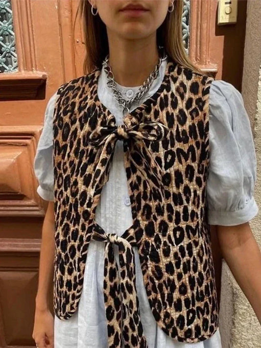 Top elegante con estampado de leopardo y cordones para mujer, chaleco informal sin mangas con cuello en V, nuevo chaleco de calle para mujer para primavera y verano