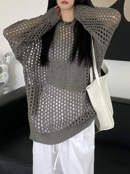 Camiseta de verano de gran tamaño, suéter de punto para mujer, manga larga, transparente, vintage, jerséis holgados, camiseta básica sexy para mujer