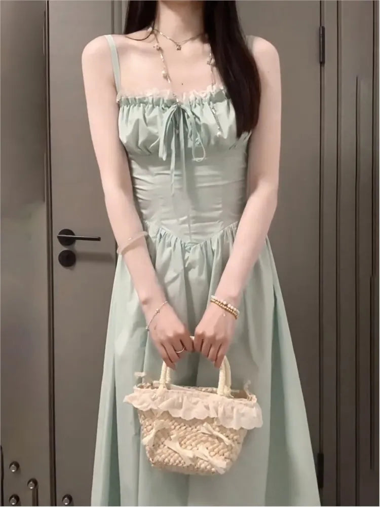 Vestido midi de verano con tirantes finos y espalda descubierta para mujer, sin mangas, con cordones, estilo playero, moda coreana, de una pieza