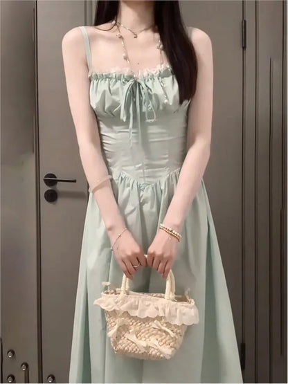 Vestido midi de verano con tirantes finos y espalda descubierta para mujer, sin mangas, con cordones, estilo playero, moda coreana, de una pieza